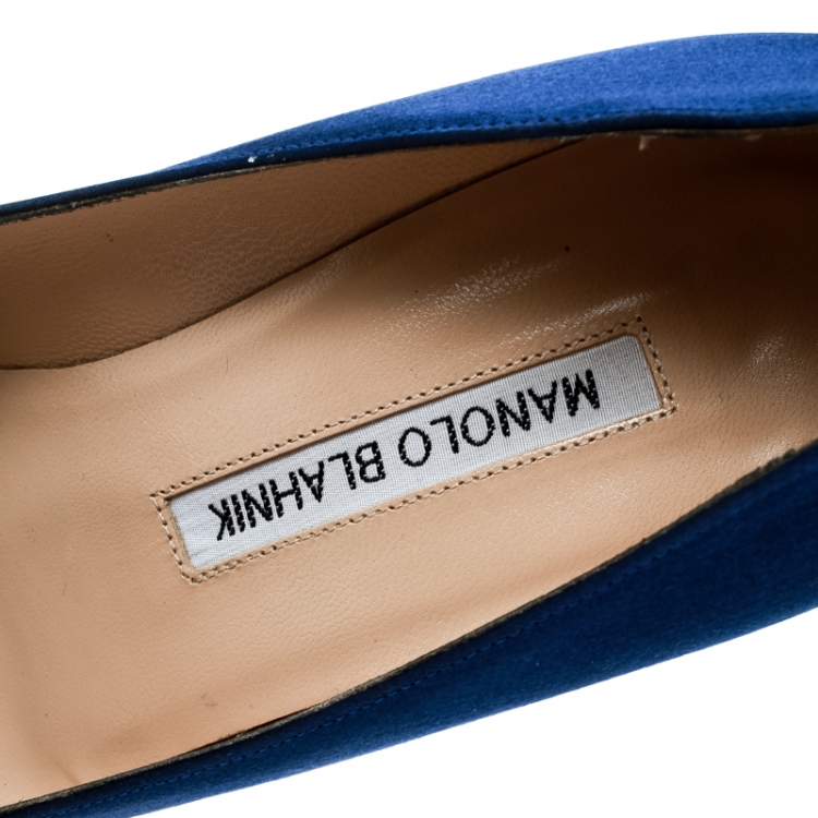 Pre Owned Manolo Blahnik Blue Satin Hangisi Crystal Embellished Pumps Size 36