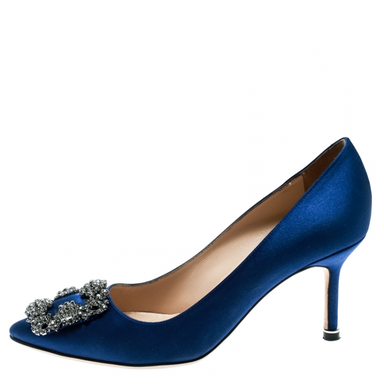 Pre Owned Manolo Blahnik Blue Satin Hangisi Crystal Embellished Pumps Size 36