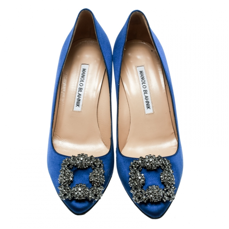 Pre Owned Manolo Blahnik Blue Satin Hangisi Crystal Embellished Pumps Size 36