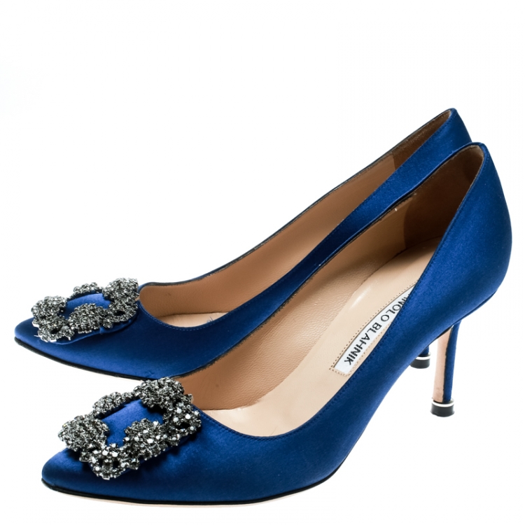Pre Owned Manolo Blahnik Blue Satin Hangisi Crystal Embellished Pumps Size 36