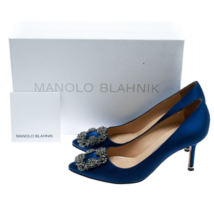 Pre Owned Manolo Blahnik Blue Satin Hangisi Crystal Embellished Pumps Size 36