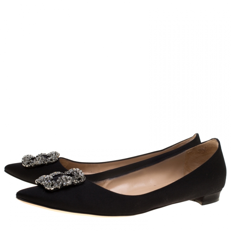 Pre Owned Manolo Blahnik Black Satin Hangisi Ballet Flats Size 41