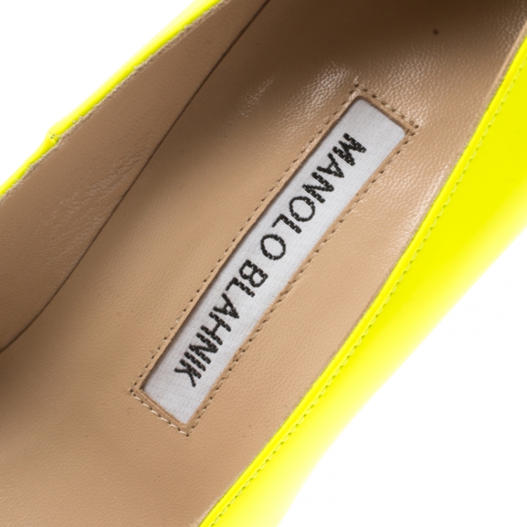 Pre Owned Manolo Blahnik Neon Yellow Leather BB Pointed Toe Pumps Size 36.5