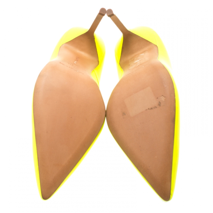 Pre Owned Manolo Blahnik Neon Yellow Leather BB Pointed Toe Pumps Size 36.5