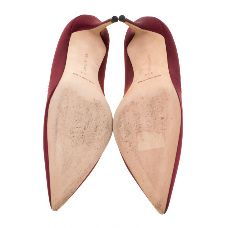 Pre Owned Manolo Blahnik Maroon Satin Embellished Nadira Pumps Size 38.5