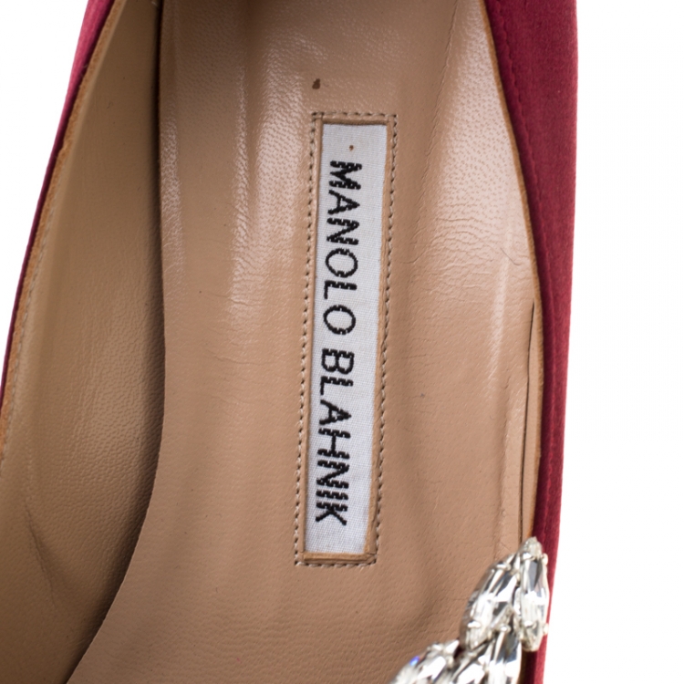 Pre Owned Manolo Blahnik Maroon Satin Embellished Nadira Pumps Size 38.5