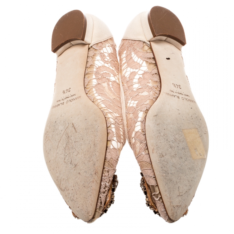 Pre Owned Manolo Blahnik Beige Lace And Satin Hangisi Embellished Ballet Flats Size 34.5