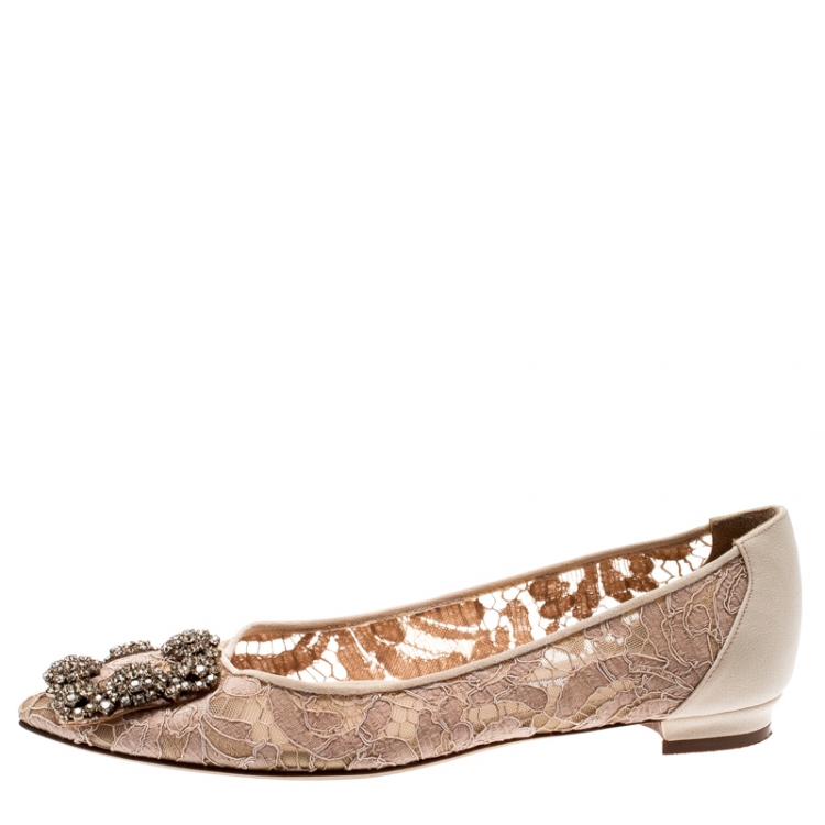Pre Owned Manolo Blahnik Beige Lace And Satin Hangisi Embellished Ballet Flats Size 34.5
