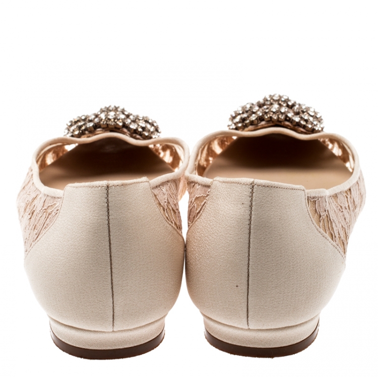 Pre Owned Manolo Blahnik Beige Lace And Satin Hangisi Embellished Ballet Flats Size 34.5