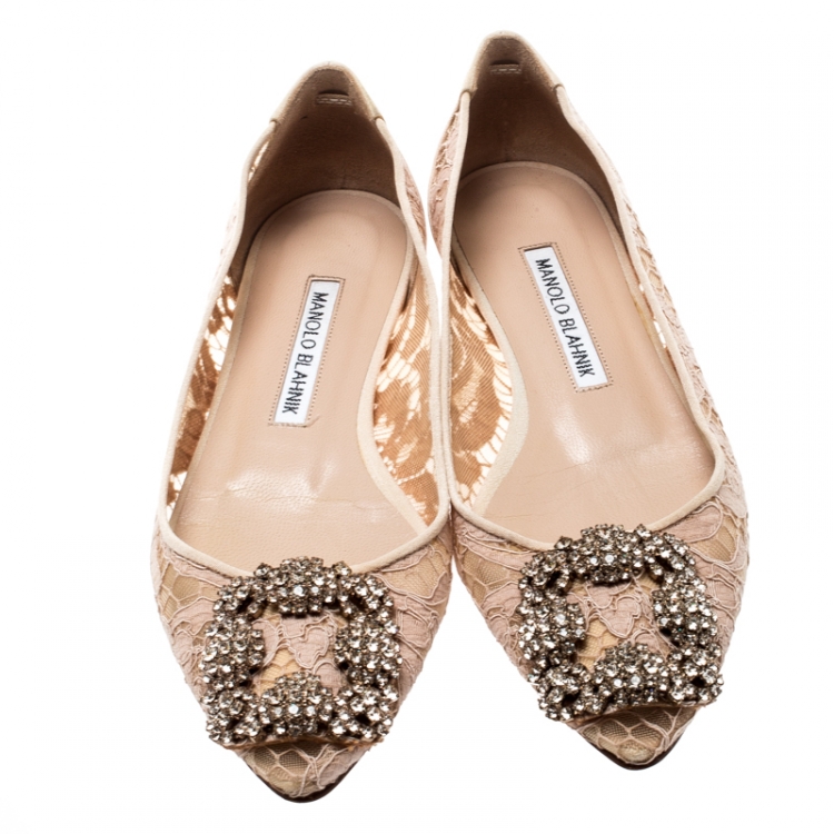 Pre Owned Manolo Blahnik Beige Lace And Satin Hangisi Embellished Ballet Flats Size 34.5