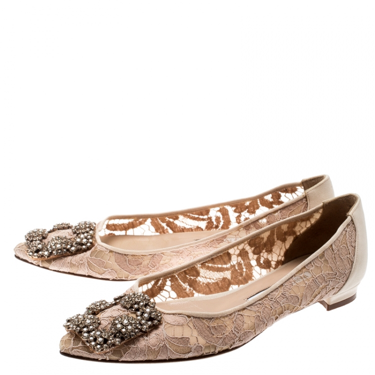 Pre Owned Manolo Blahnik Beige Lace And Satin Hangisi Embellished Ballet Flats Size 34.5