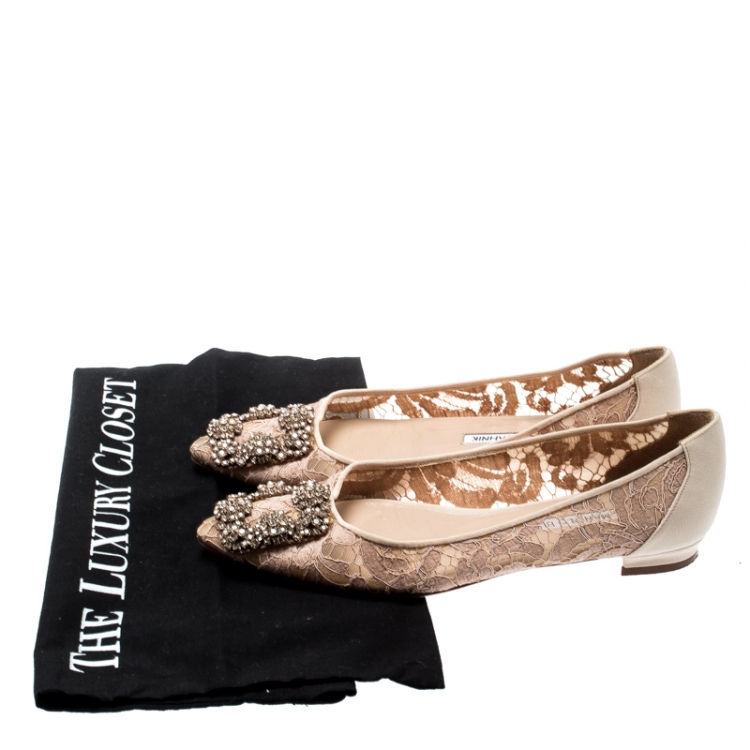 Pre Owned Manolo Blahnik Beige Lace And Satin Hangisi Embellished Ballet Flats Size 34.5