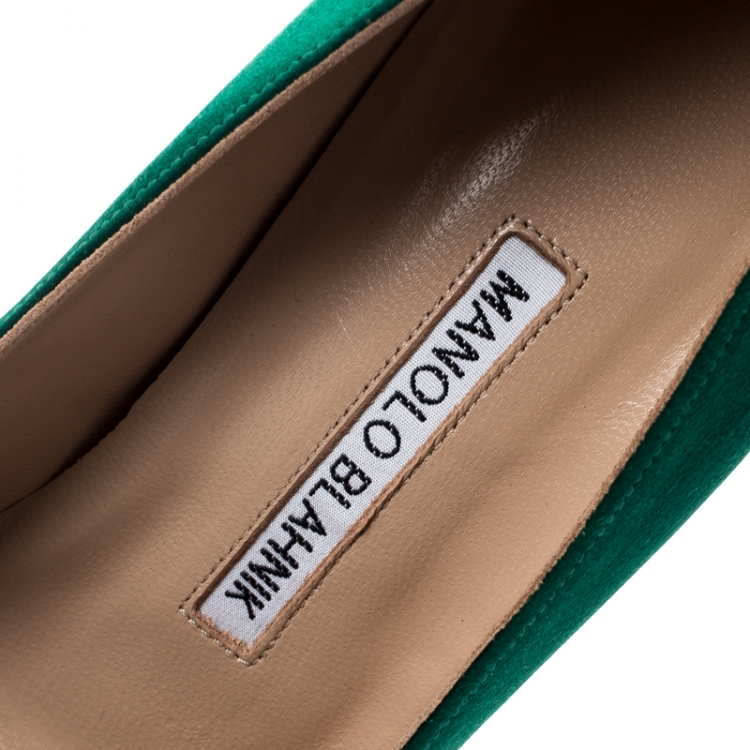 Pre Owned Manolo Blahnik Green Satin Hangisi Crystal Embellished Pumps Size 36