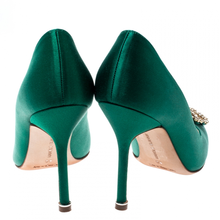 Pre Owned Manolo Blahnik Green Satin Hangisi Crystal Embellished Pumps Size 36