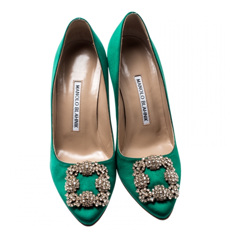 Pre Owned Manolo Blahnik Green Satin Hangisi Crystal Embellished Pumps Size 36