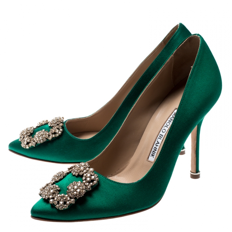 Pre Owned Manolo Blahnik Green Satin Hangisi Crystal Embellished Pumps Size 36