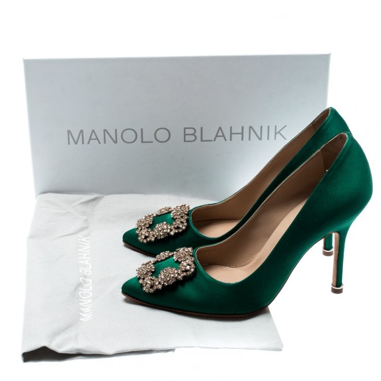 Pre Owned Manolo Blahnik Green Satin Hangisi Crystal Embellished Pumps Size 36