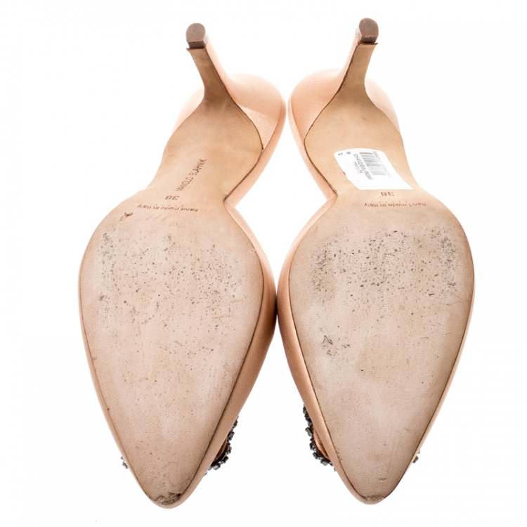 Pre Owned Manolo Blahnik Beige Satin Hangisi Pointed Toe Mules Size 38