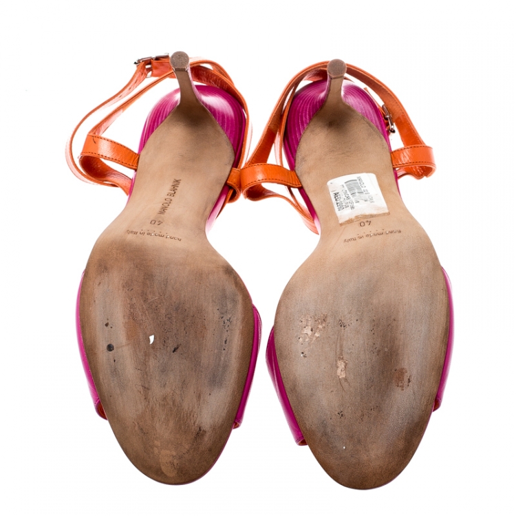 Pre Owned Manolo Blahnik Fuschia Pink /Orange Leather Ankle Strap Sandals Size 40