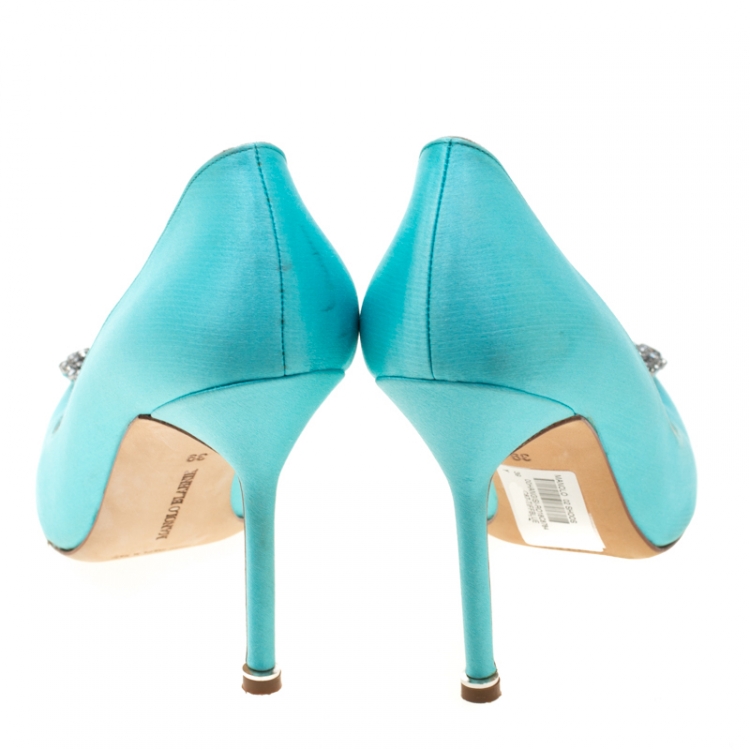 Pre Owned Manolo Blahnik Blue Satin Hangisi Crystal Embellished Pumps Size 39