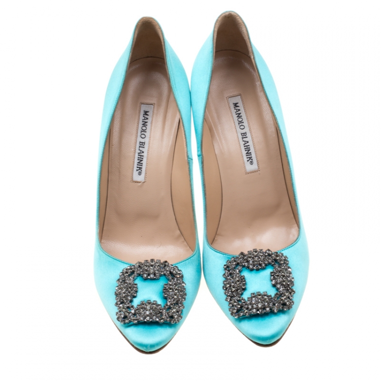 Pre Owned Manolo Blahnik Blue Satin Hangisi Crystal Embellished Pumps Size 39