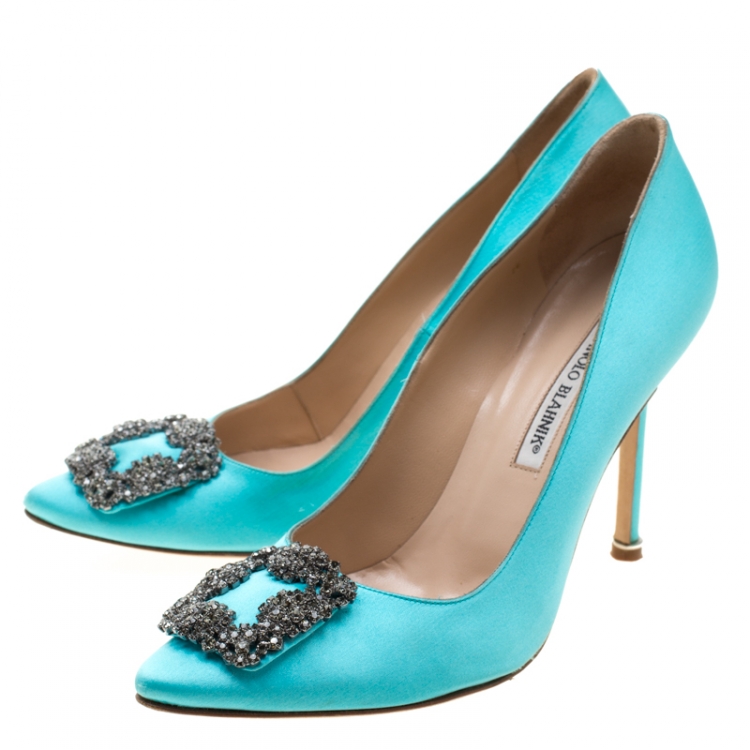 Pre Owned Manolo Blahnik Blue Satin Hangisi Crystal Embellished Pumps Size 39
