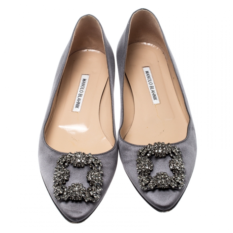 Pre Owned Manolo Blahnik Dark Grey Satin Hangisi Ballet Flats Size 39