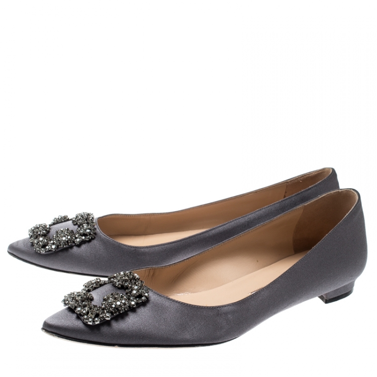 Pre Owned Manolo Blahnik Dark Grey Satin Hangisi Ballet Flats Size 39