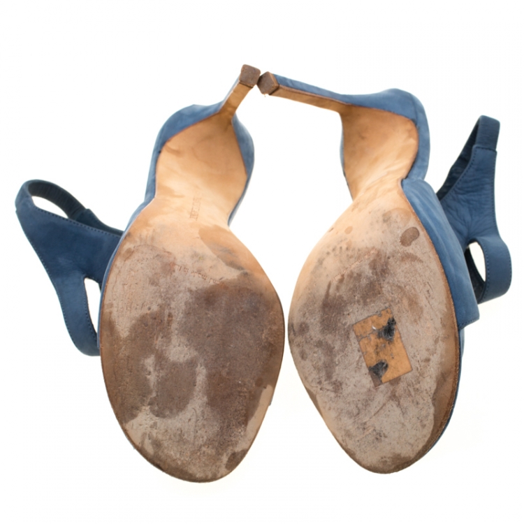 Pre Owned Manolo Blahnik Blue Suede Cutout Slingback Sandals Size 39.5