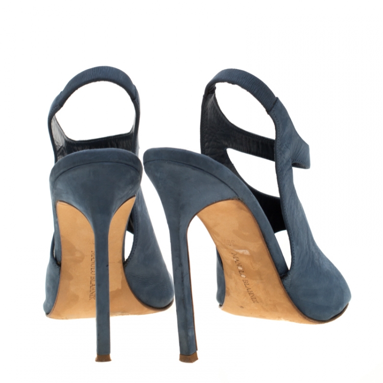 Pre Owned Manolo Blahnik Blue Suede Cutout Slingback Sandals Size 39.5
