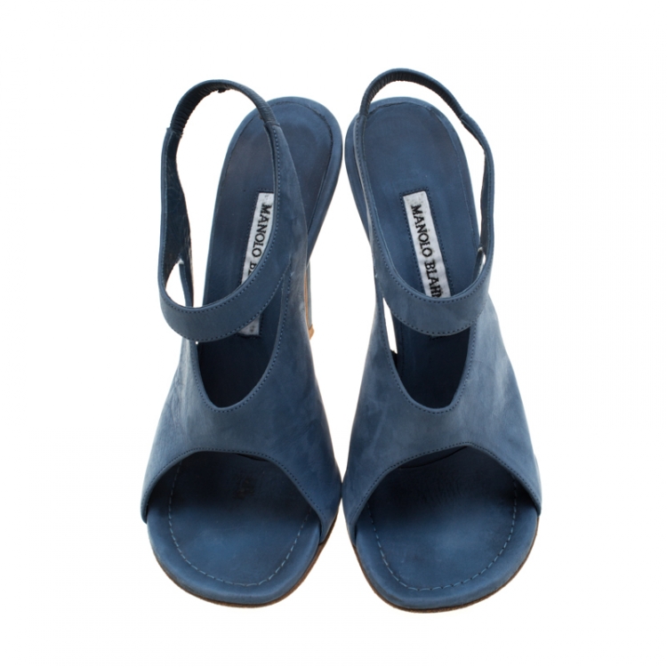 Pre Owned Manolo Blahnik Blue Suede Cutout Slingback Sandals Size 39.5