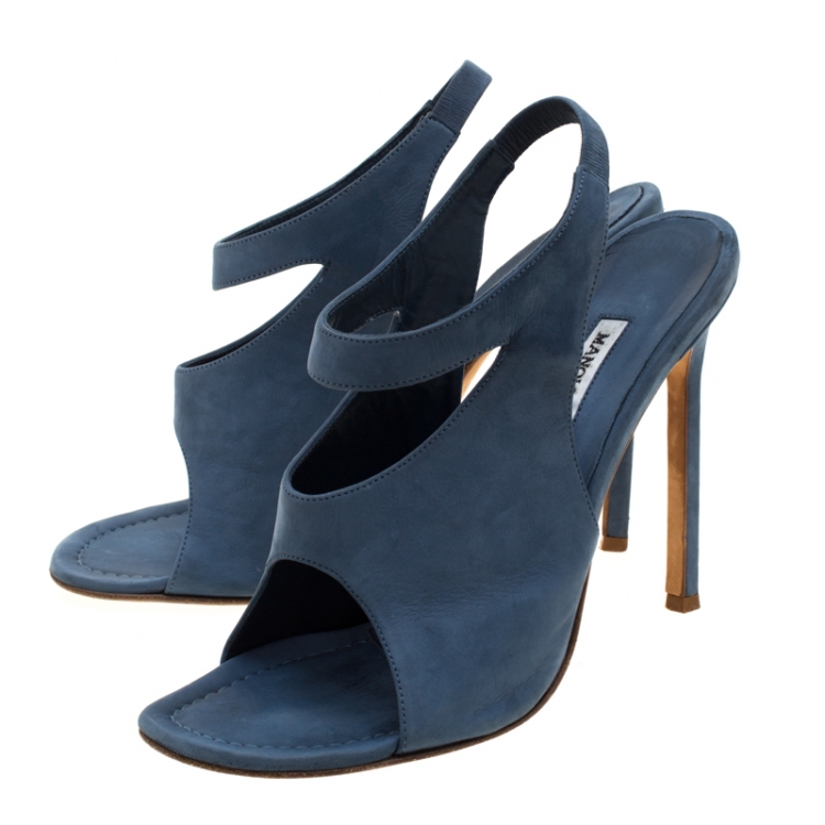 Pre Owned Manolo Blahnik Blue Suede Cutout Slingback Sandals Size 39.5