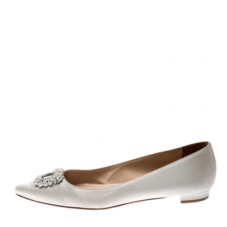 Pre Owned  Manolo Blahnik Grey Satin Hangisi Ballet Flats Size 39