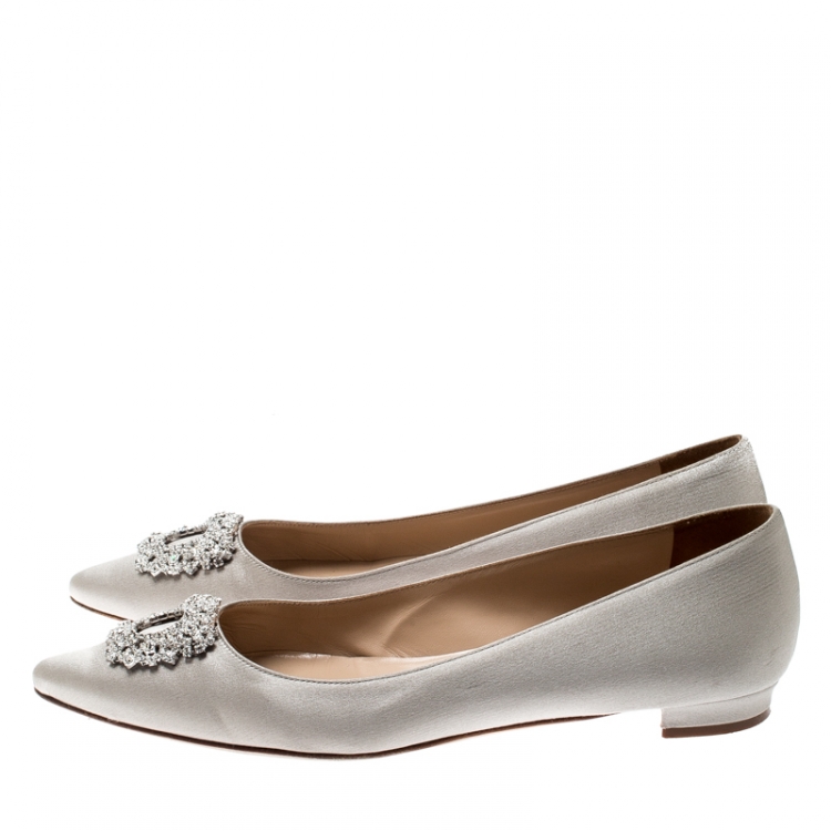 Pre Owned  Manolo Blahnik Grey Satin Hangisi Ballet Flats Size 39