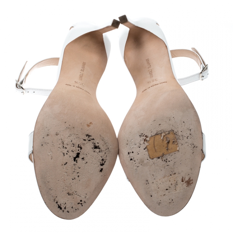 Pre Owned Manolo Blahnik White Leather Chaos Ankle Strap Sandals Size 39.5