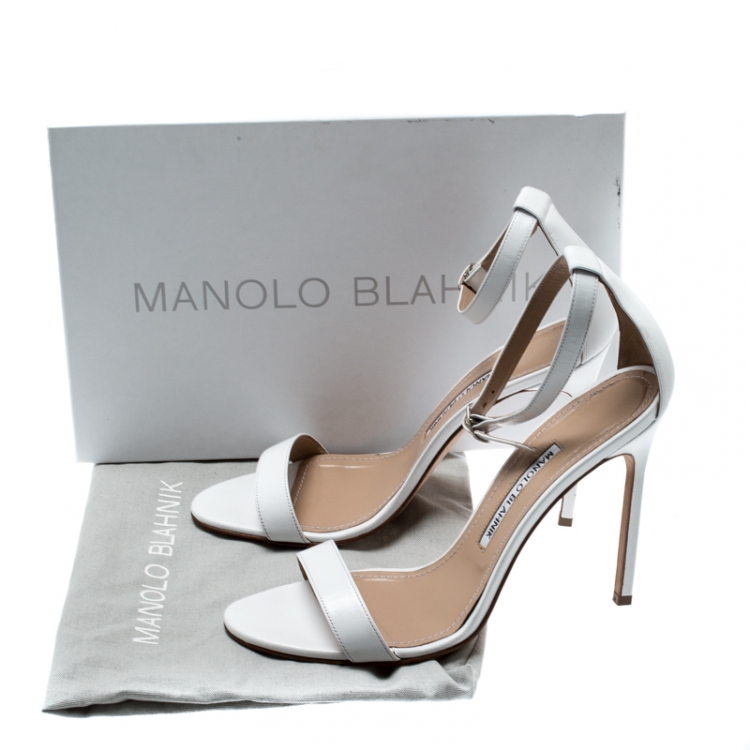Pre Owned Manolo Blahnik White Leather Chaos Ankle Strap Sandals Size 39.5