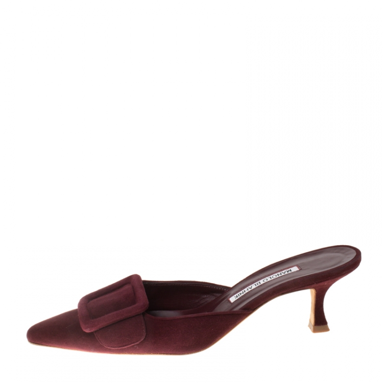 Pre Owned Manolo Blahnik Burgundy Suede Maysale Mules Size 38