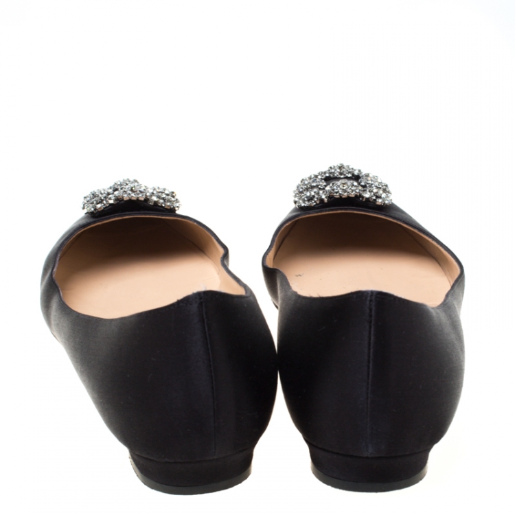 Pre Owned Manolo Blahnik Black Satin Hangisi Ballet Flats Size 41.5