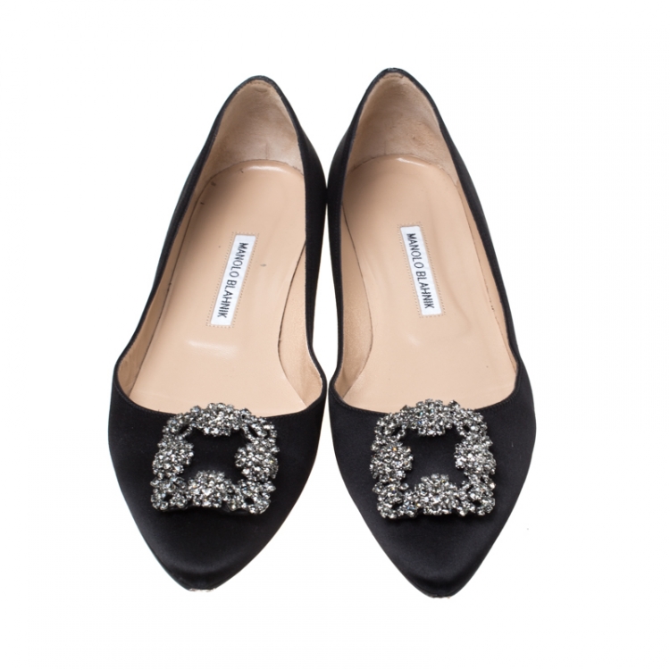 Pre Owned Manolo Blahnik Black Satin Hangisi Ballet Flats Size 41.5