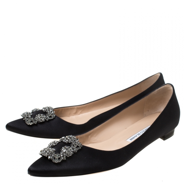Pre Owned Manolo Blahnik Black Satin Hangisi Ballet Flats Size 41.5