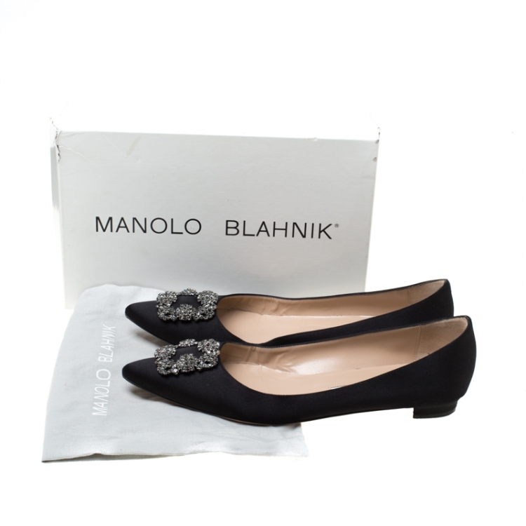 Pre Owned Manolo Blahnik Black Satin Hangisi Ballet Flats Size 41.5