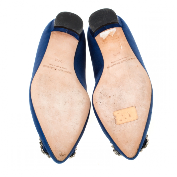 Pre Owned Manolo Blahnik Blue Satin Hangisi Ballet Flats Size 37.5