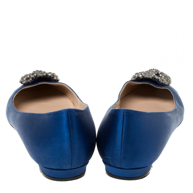 Pre Owned Manolo Blahnik Blue Satin Hangisi Ballet Flats Size 37.5