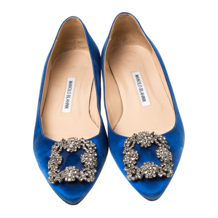 Pre Owned Manolo Blahnik Blue Satin Hangisi Ballet Flats Size 37.5