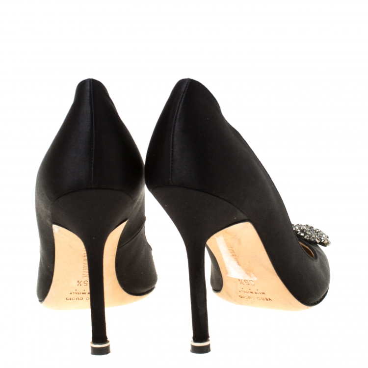 Pre Owned Manolo Blahnik Black Satin Hangisi Crystal Embellished Pumps Size 35.5 
