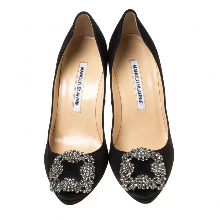 Pre Owned Manolo Blahnik Black Satin Hangisi Crystal Embellished Pumps Size 35.5 