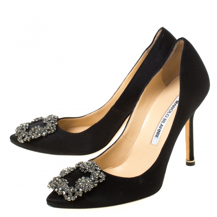 Pre Owned Manolo Blahnik Black Satin Hangisi Crystal Embellished Pumps Size 35.5 