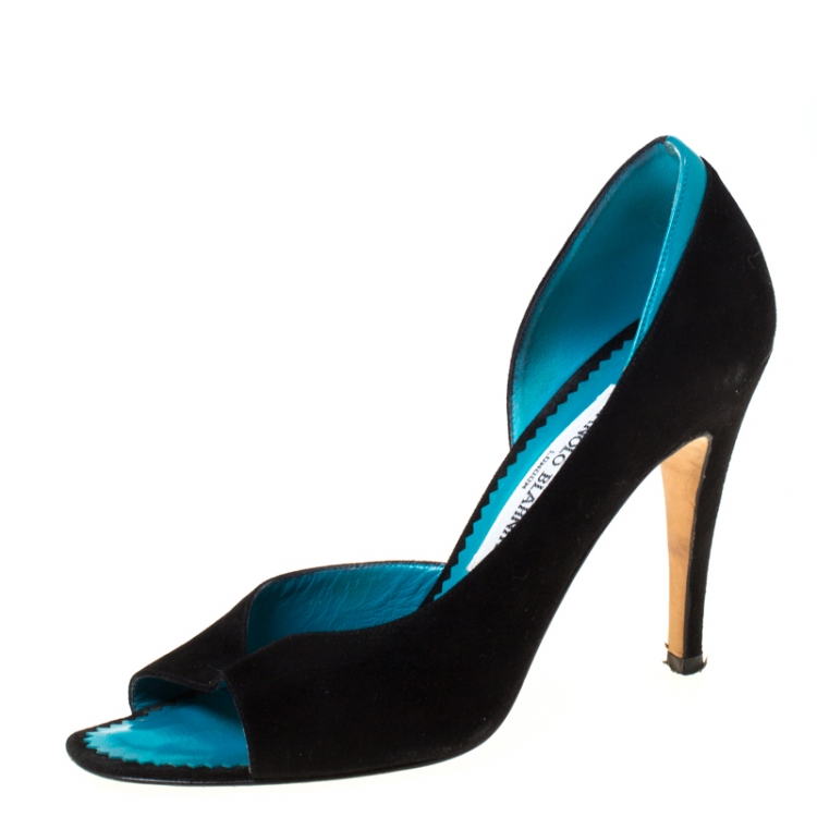 Monolo Blahnik Black/Turquoise Suede D' Orsay Peep Toe Pumps Size