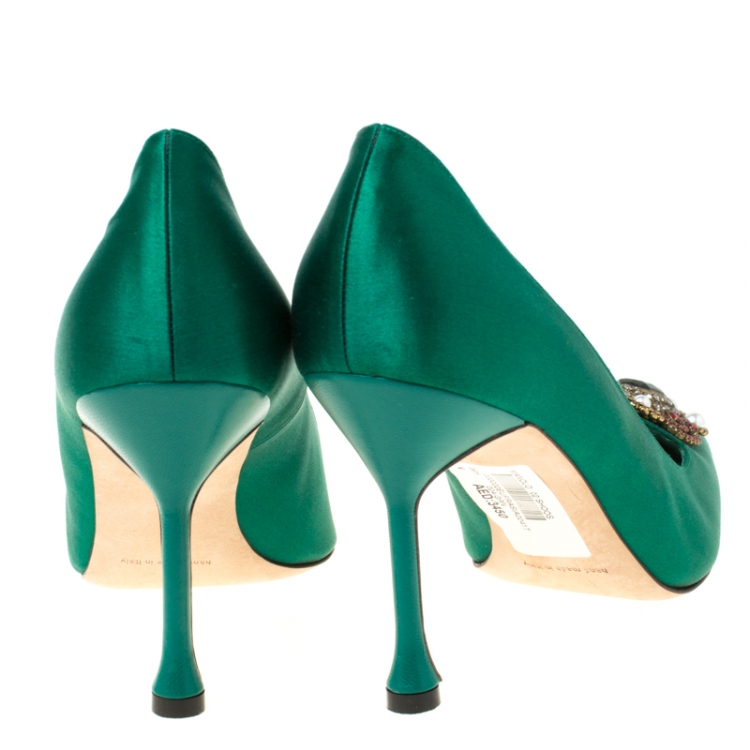 Pre Owned Manolo Blahnik Green Satin Eufrasia Pointed Toe Pumps Size 39.5