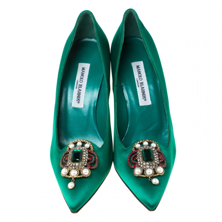 Pre Owned Manolo Blahnik Green Satin Eufrasia Pointed Toe Pumps Size 39.5